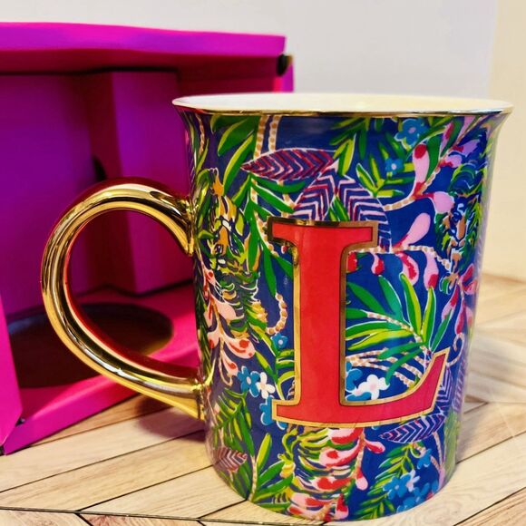 Lilly Pulitzer Initial "L" Ceramic Coffee Mug 14oz Gold Handle New In Box #2229L - Picture 4 of 10